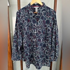 Catherines Womens 1X Blouse Blue White Print Clocks Button-Up Collared V-Neck
